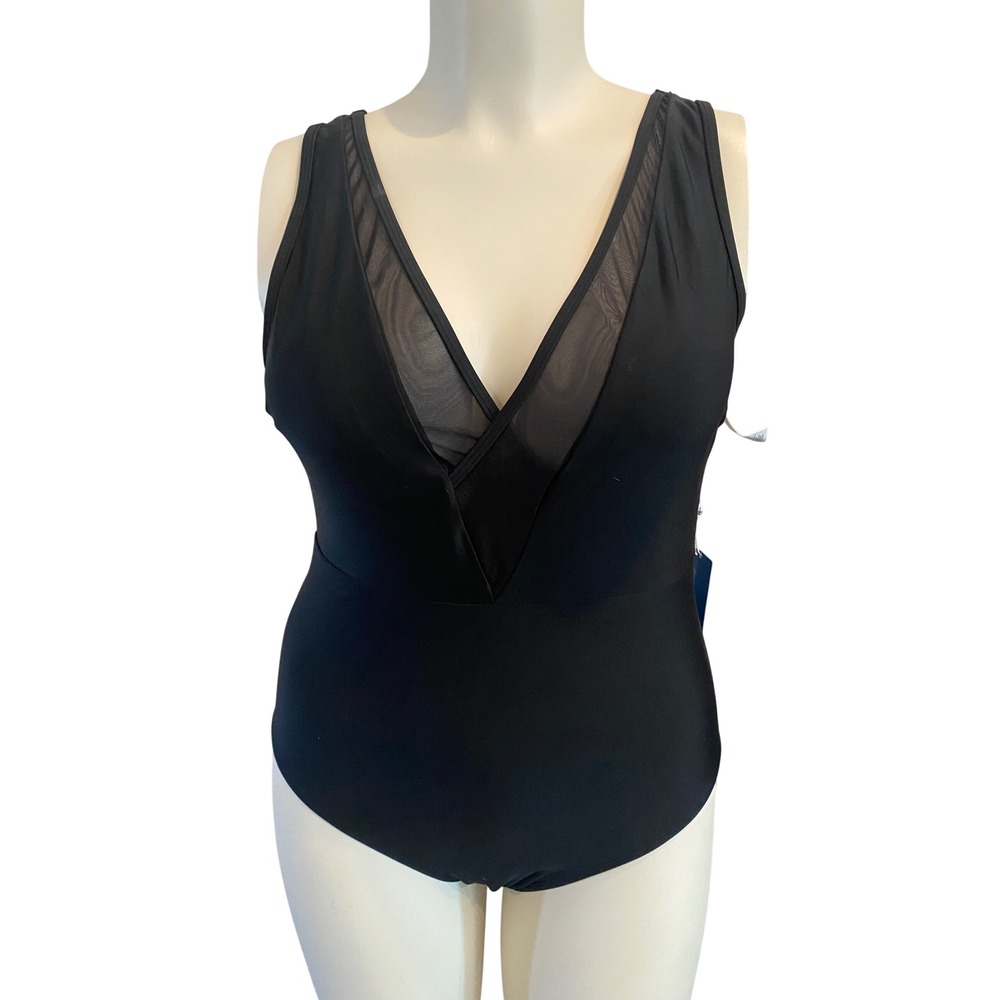 Cupshe Black Mesh V-Neck‎ One Piece Swimsuit Large NWT